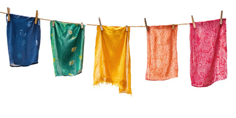 Naklejka premium Colorful Clothes Hanging on Clothesline Between Two Posts, Isolated on Transparent Background