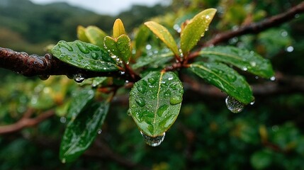 Close-up of wet leaves, rain drops