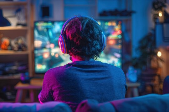 A joyful Asian male gamer in headphones plays video games with colorful neon lights at night in a modern home partaking in online esports streaming during quarantine