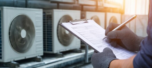 The technician inspecting air conditioning units for maintenance and quality assurance.