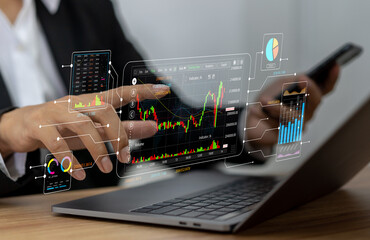 Business people with stock market chart financial trading, online investment, stock exchange analysis, market trends, real-time trading data, forex and crypto trading economic forecasting tool