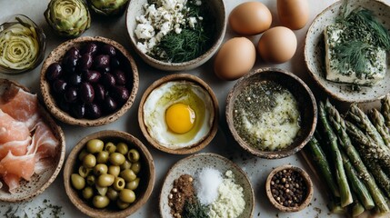 Mediterranean cuisine. A variety of fresh ingredients arranged in bowls on a rustic surface.