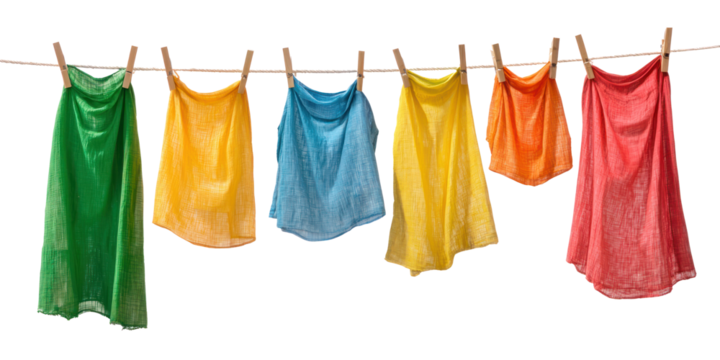 A clothesline stretched between two posts, with colorful clothes hanging neatly in the breeze. isolate on transparent background