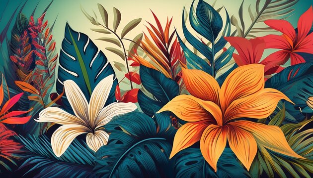 ai generated ai generative notanical herbal exotic tropical plants herbs flowers botanical foliage background nature jungle lanfscape graphic art