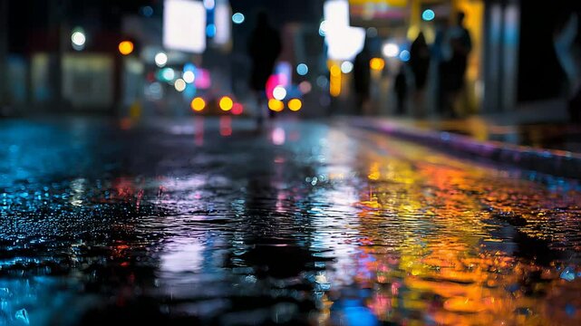 Vibrant City Night Reflections on Rain-Soaked Street with Colorful Lights and Walking Figures