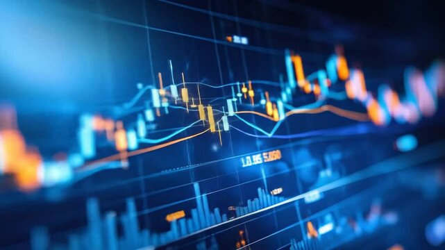 Abstract financial chart with uptrend line graph, candlesticks and indicators