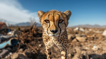 A close-up image of a majestic cheetah, staring directly at the camera, showcases its keen gaze and unique spots, highlighting the raw beauty and grace of wildlife in nature.
