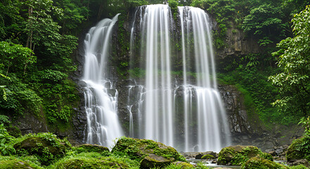 Obraz premium Majestic Waterfall Cascading Through Lush Greenery A Tropical Paradise of Serenity and Natural Beauty in a Hidden Gem