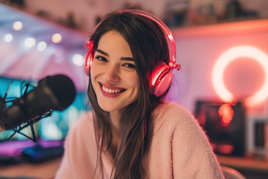 Teen female gamer influencer streams gaming podcasts in a neon studio with headphones and a mic