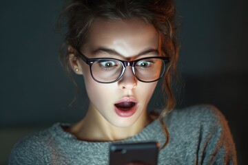 Close up of a surprised young woman with her mouth and eyes wide open using her phone to play a game follow a sports match or check messages and news