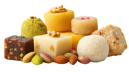 A collection of colorful traditional Indian sweets (mithai) isolated on white. Perfect as a design resource for Raksha Bandhan, Diwali, and other festive food promotions from India.