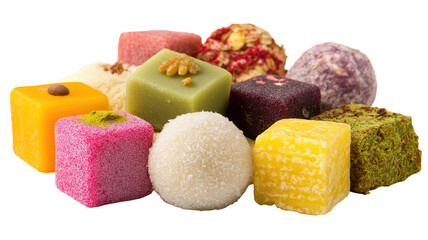 A collection of colorful traditional Indian sweets (mithai) isolated on white. Perfect as a design resource for Raksha Bandhan, Diwali, and other festive food promotions from India.