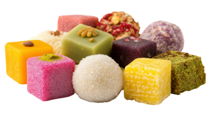 A collection of colorful traditional Indian sweets (mithai) isolated on white. Perfect as a design resource for Raksha Bandhan, Diwali, and other festive food promotions from India.
