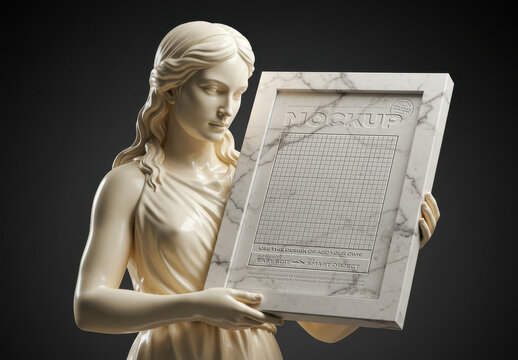 Woman Statue Sculpture Holding Vertical Frame Photo Poster Relieve Mockup