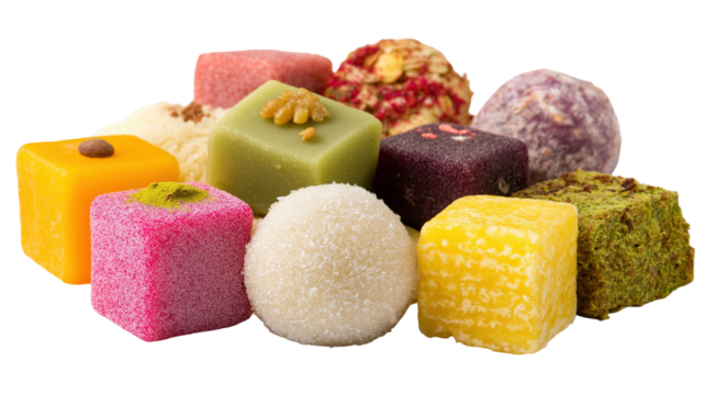 A collection of colorful traditional Indian sweets (mithai) isolated on white. Perfect as a design resource for Raksha Bandhan, Diwali, and other festive food promotions from India.