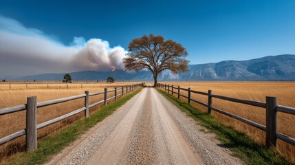 Fototapeta premium A solitary tree on a rural road with smoke and fire in the background