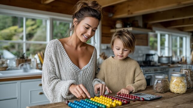 Elementary school teacher assists child with math using a colorful abacus in a cozy setting - Powered by Adobe