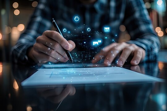 Person signs document with digital symbols overlay