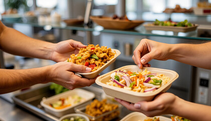 People exchanging food containers in a restaurant