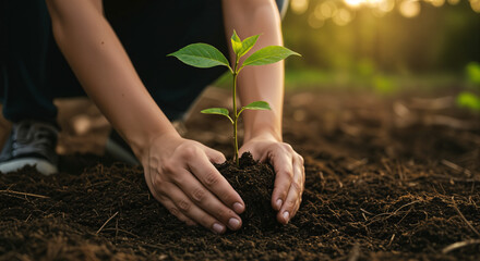 Hands Planting Young Tree – Sustainable Environment and Green Living, Generative ai