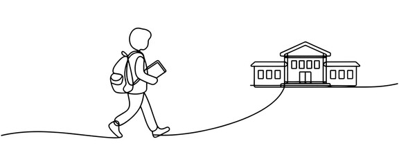 Boy Going to School Line Art – Continuous One Line Drawing, Minimalist Vector Illustration for Educational Design