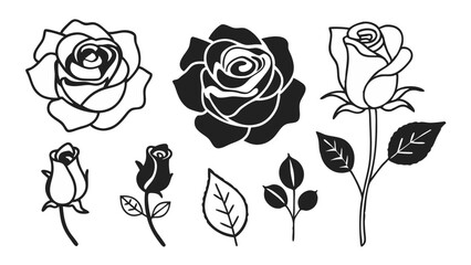 Elegant Rose Set Buds, Blooms & Leaves - Black & White Illustrations