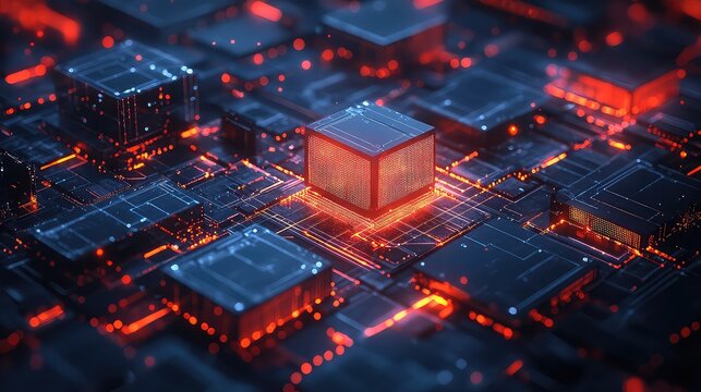 3D render of modular software architecture diagram featuring layered components, scalable blocks, and service nodes in futuristic enterprise tech concept