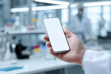 hand holding smartphone with white screen against laboratory, mock up, copy space, analysis results