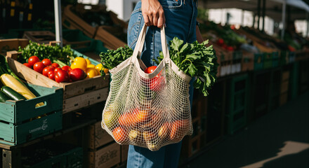 Woman holding a reusable Mesh Bag with Fresh Vegetables at Farmer's Market, Healthy diet, healthy eating lifestyle, Generative ai