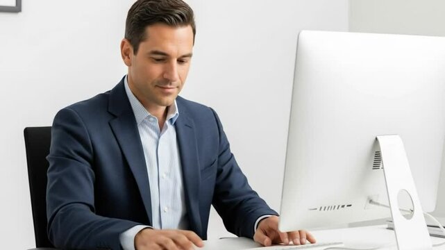 A businessman in a suit focused while working at his computer in the office.