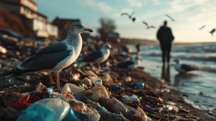 A striking image of seagulls perched on a beach littered with plastic waste, highlighting the impact of pollution on wildlife and the environment.