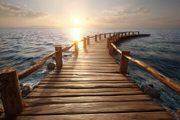 Fototapeta premium Rustic wooden pier stretching into tranquil ocean at dusk