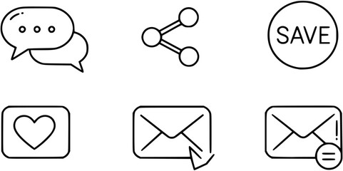 Icons like comment, share, save, like media button. Outline icon heart arrow direct message interface message minimalist
