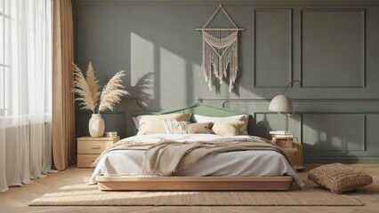 A serene and stylish bedroom setup with minimalist design, featuring a green wall, wooden bedframe, wicker basket, and hanging light fixture.