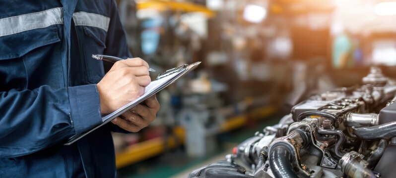The mechanic inspecting engine components with checklist in automotive workshop