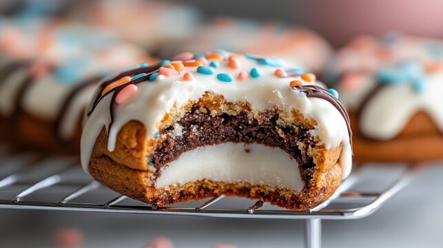 A delectable cookie, adorned with creamy frosting and colorful sprinkles, reveals a tempting bite taken out, showcasing its rich filling and inviting textures that promise delightful taste.