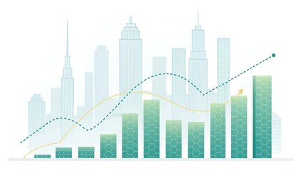 Obraz premium Business graph chart with upward arrow on white background featuring urban cityscape and skyline silhouette