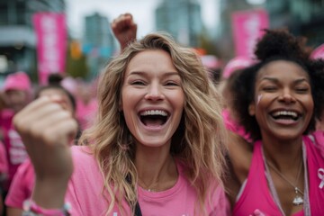 Participants wearing pink take part in a breast cancer awareness walk event, symbolizing unity and hope.