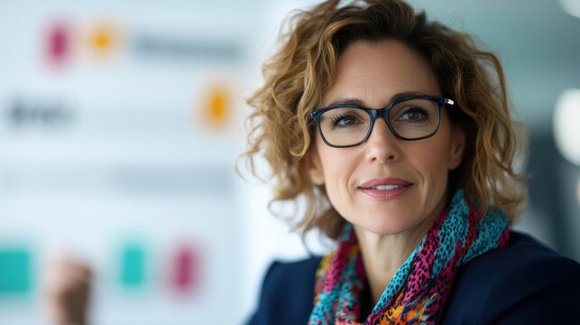 A poised businesswoman wearing glasses engages in a professional discussion in an office setting, exemplifying confidence and the importance of teamwork in the workplace.