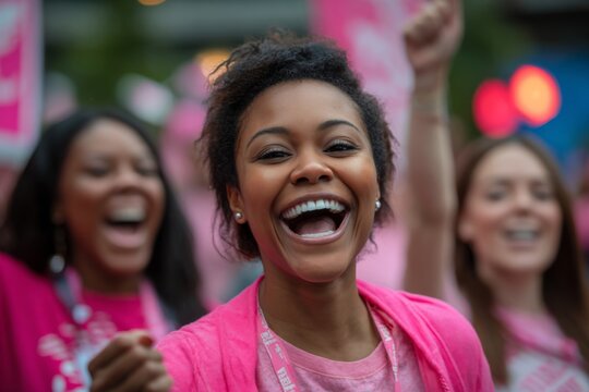 Participants wearing pink take part in a breast cancer awareness walk event, symbolizing unity and hope.
