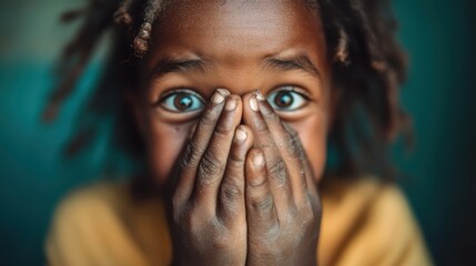 A joyful child with brown eyes shows surprise by covering their face with their hands, expressing innocence and delight in an enchanting environment filled with soft colors.