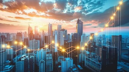 Skyscrapers with overlaid financial graphs symbolizing real estate market trends against cloudy sky background, market analysis concept - Powered by Adobe