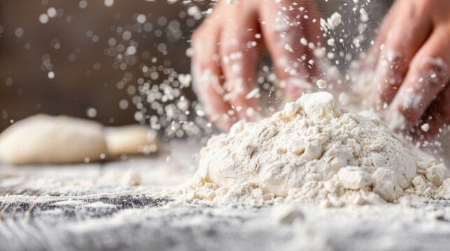 An intimate scene of hands kneading flour on a wooden surface conveys the artistry and craftsmanship involved in making bread or pastries, highlighting culinary creativity.