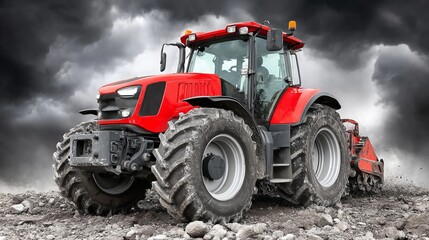 Obraz premium Red tractor working on rough rocky terrain under dark stormy clouds