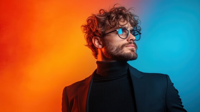 A fashionable young man with curly hair and glasses stands confidently against a striking orange and blue background, embodying modern style and artistic flair. - Powered by Adobe