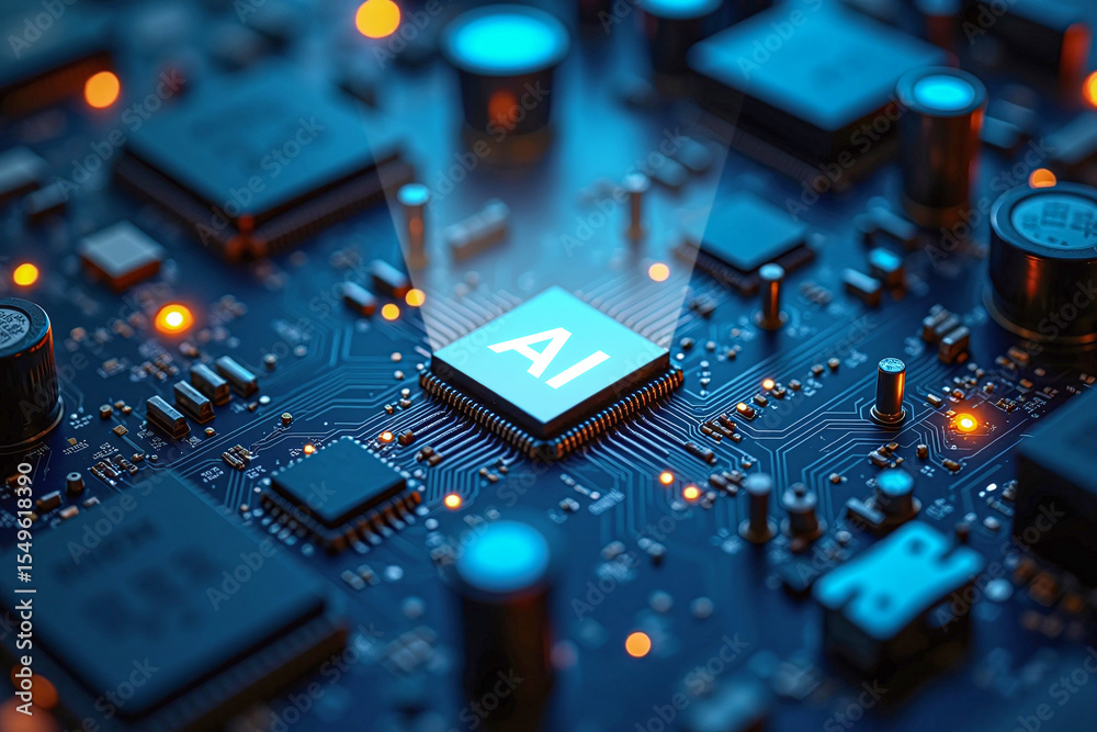 Fototapete glowing circuit board semiconductor microchip with ai text, digital technology background
