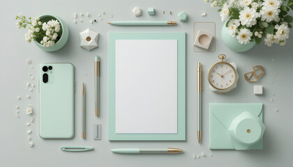 Mint Green Office Desk Flat Lay with Stationery, Flowers, and Blank Paper

