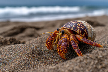 Hermit crab exploring wet sand near tide pools on the shore