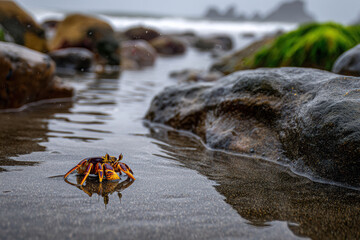 Close-up view of hermit crab exploring tide pool sand