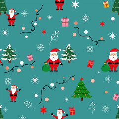 Christmas seamless pattern with cute santa claus and snowflakes on a green background. vector design template.